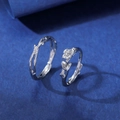 Elegant adjustable silver couple rings with floral and branch design on blue background - Romantic Flower and Branch Style (QL-004)