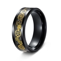 8mm black titanium steel ring featuring gold steampunk gears and carbon fiber inlay - US 7 / Black Plated + Black Carbon Fiber