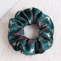 Green Christmas hair scrunchie with gingerbread and candy cane patterns on white fur - Dark Green Gingerbread Man
