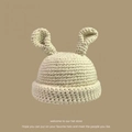 Handmade cream-white knit beanie with long bunny ears for winter warmth and decoration - One Size / Rabbit Ear Hat Beige