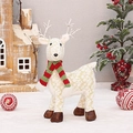 Weihnachtsrentier-Figur aus cremefarbenem Stoff mit goldenen Schneeflocken und Strickschal - Klein Stehend (36cm)