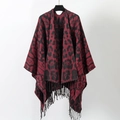 Fashionable red and black leopard print knitted shawl with stylish fringe tassels - Burgundy