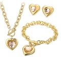 Golden stainless steel jewelry set with heart crystal pendants and chunky OT buckle chain - Gold 3-Piece Set - Champagne Gem (KS193437-Z)