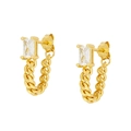 Detail of gold chain drop earrings featuring rectangular zircon and cuban link tassels - Gold (White Zircon)