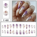 Faux ongles amande aquarelle tulipe violette élégante, ensemble de 24 pièces sur main - Type à Colle / Design Floral Aquarelle (Y-480)