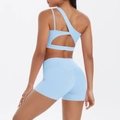 Light blue one-shoulder yoga set with cutout tank top and high waist shorts from back view - S / Top And Bottom / Sky Blue