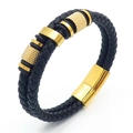 Men's double-braid black leather bracelet with gold knurled beads and magnetic clasp - Style A Gold (KB170739-SJ) / 19cm