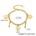 18k gold plated stainless steel bracelet featuring coin charms and tube pendants - Gold-Letter I