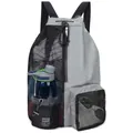 Gray and black mesh drawstring swim bag with ventilated pockets and water bottle holder - Gray