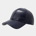 Detailed view of dark blue PU leather baseball cap featuring visible stitching and texture - Adjustable / Navy Blue