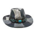 Patchwork denim cowboy hat with floral embroidery and turquoise gemstone accent - One Size / Black