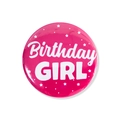 Pink Birthday GIRL tinplate button badge with white stars and glossy finish for party decor - Pink (Birthday GIRL) / 58mm