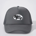 Detailed view of dark grey mesh trucker hat with Biker Garage embroidered patch - One Size / Dark Grey
