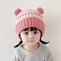 Pink and beige striped knit baby hat with cute pom-pom ears and cartoon patch - Mefun Cartoon Embroidery - Pink