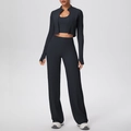 Three-piece black activewear set featuring a zip-up jacket and wide-leg trousers - S / Black
