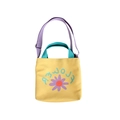 Cute yellow canvas children's tote bag with purple flower print and blue flower text - Yellow