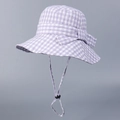 Detail of purple and white plaid sun hat with a decorative bow and adjustable wind cord - M (56-58cm) / Purple