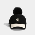 Winter baseball cap for kids in black and beige with a pompom and letter R patch - 52-54cm (3-7 Years) / Letter R-Black