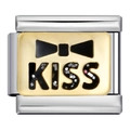 Italian charm link in stainless steel with a black bowtie logo and silver glitter KISS text - Kiss with Tie (ICJ412-1)