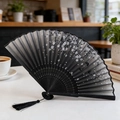 Classic black silk folding fan with white floral butterfly print and matching tassel - Style 33 (Plum Blossom) (New Style)