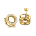 Golden titanium steel stud earrings with Roman numerals and shimmering zircon stones - Gold Hollow Roman Numeral Zirconia Style (KLJ4061-Z)