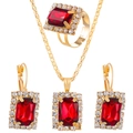 Gold jewelry set with red square gemstones and crystals, including necklace and earrings - KC Gold Red Style (7497)