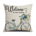 Fodera per cuscino pasquale in lino con stampa a coniglio blu e scritta Welcome to our home - Bicicletta di Benvenuto (22YM-4)
