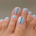 Short square press-on toenails in light blue and white with black abstract patterns - 1664-Blue Abstract Lines