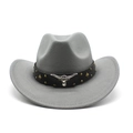 Detail of grey felt cowboy hat with silver bull head emblem and metallic rivets decoration - M (56-58cm) / Light Gray