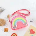 Pink semi-circle crossbody bag for kids featuring glittery rainbow and heart pockets - Pink Rainbow