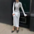 Abito lungo in maglia a coste bianco vestibilità slim con maniche lunghe svasate - 3XL / Girocollo Bianco