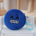 Close-up of a blue plush coin purse featuring a smiling embroidered cartoon face and clip - Dark Blue