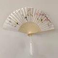 Japanese style bamboo folding fan with elegant white crane and plum blossom print - White Ribs Style 49