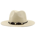 Chapeau Panama en paille avec cordon noir et perles en bois pour protection solaire été - Poche zippée