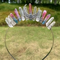 Close-up of handmade crown headband with blue pink crystals and metal moon charms - White Blue Red Crystal with Silver Wire & Moon