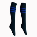 Knee-high black athletic soccer socks with three blue horizontal stripes on white background - Black Blue Edge