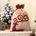 Weihnachts-Geschenkbeutel aus Jute mit Rentier-Karomuster und rotem Kordelzugverschluss - Karo-Rand Rentier-Stickerei
