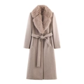 Women's long camel faux fur coat with oversized fluffy collar and matching waist belt - XS / Apricot