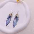 Blue gradient cicada wing earrings with S925 silver hooks and crystal accents - Misty Blue-Bronze
