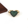 Close-up of golden adjustable ring featuring a green zircon heart-shaped centerpiece - Adjustable Open / Green