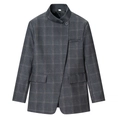 Detail eines grauen Karo-Blazers mit Stehkragen, Einzelknopf und asymmetrischem Schnitt - S / Grau Gitter