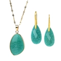 Golden jewelry set featuring a turquoise teardrop necklace and matching earrings - Amazonite