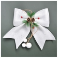 Detailed view of white glitter Christmas bow with pine cones and red berries on ribbon - Large-Bright White-1Pc