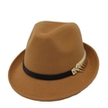 Chapeau fedora élégant en laine camel pour femme avec bandeau en cuir et feuille d'or - Kaki