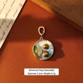 Vintage oil painting style round pendant with green and amber pearls and a leaf design - Blue and White Gradient Leaf Round Style