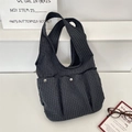 Large black and white houndstooth canvas tote bag with two front pockets and metal buckles - Navy Blue