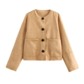 Chaqueta de ante sintético para mujer en color caqui con botones negros y bolsillos - XS / Caqui