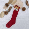 Detail of red Christmas knit baby sock featuring 3D plush reindeer with sequined antlers - Christmas Red - Bow Reindeer