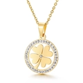 Golden clover pendant necklace with white rhinestones and a polished metal finish - Gold Four Leaf Clover Style (KP39931-k)