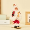 Plush Santa Claus skiing figurine ornament with wooden skis and golden spectacles - Skiing Style (Red & White Floral)